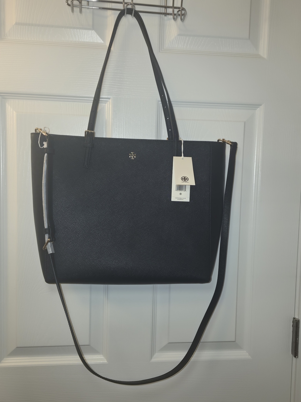 Authentic Tory Burch Black Textured Emerson Tote with Detachable Crossbody Strap